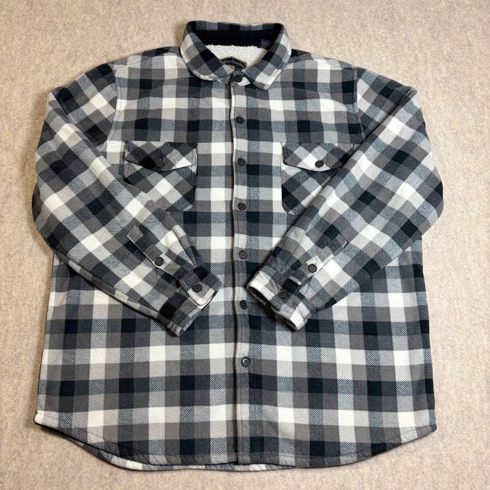 Freedom Foundry Flannel Shirt Mns XL Grey Plaid Fleece Sherpa Lined Shacket Coat